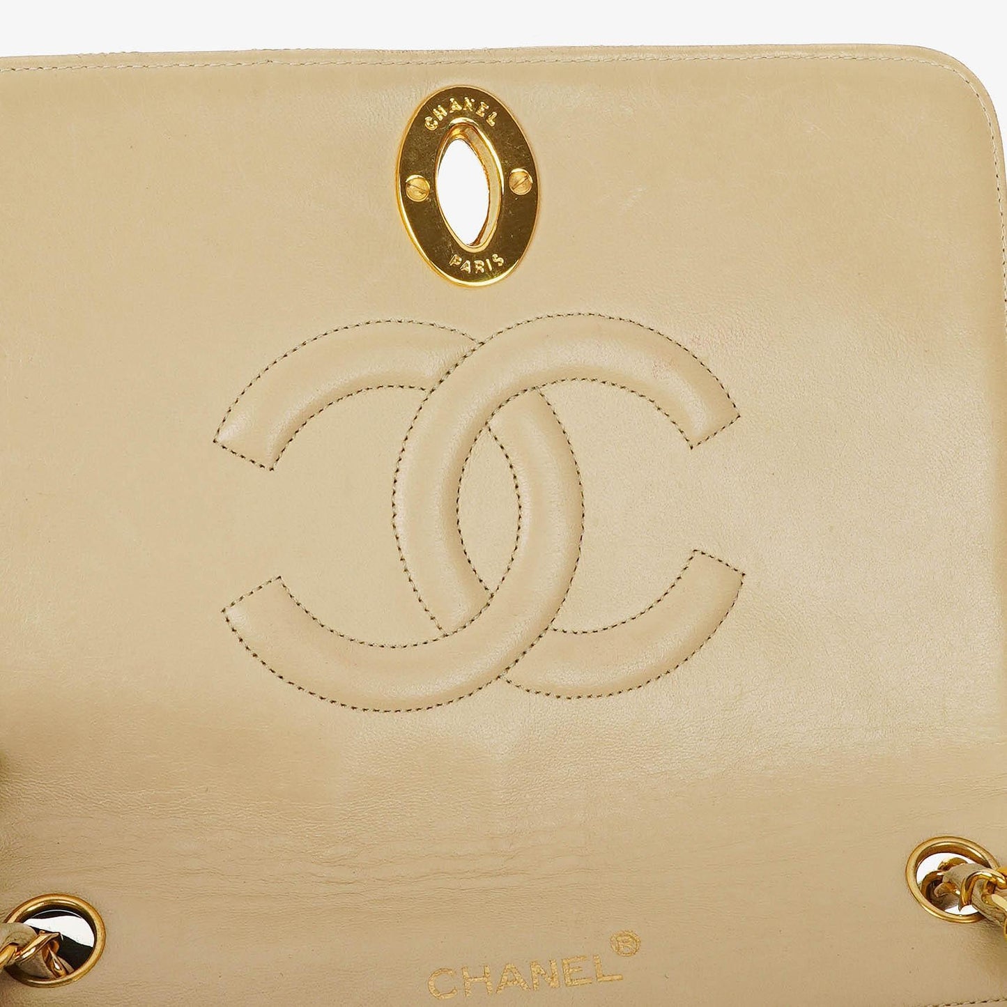 Chanel Maxi Logo Full Flap Bag Beige Quilted Leather With 24K Gold-Plated Hardware
