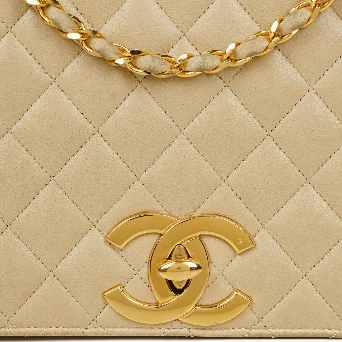 Chanel Maxi Logo Full Flap Bag Beige Quilted Leather With 24K Gold-Plated Hardware