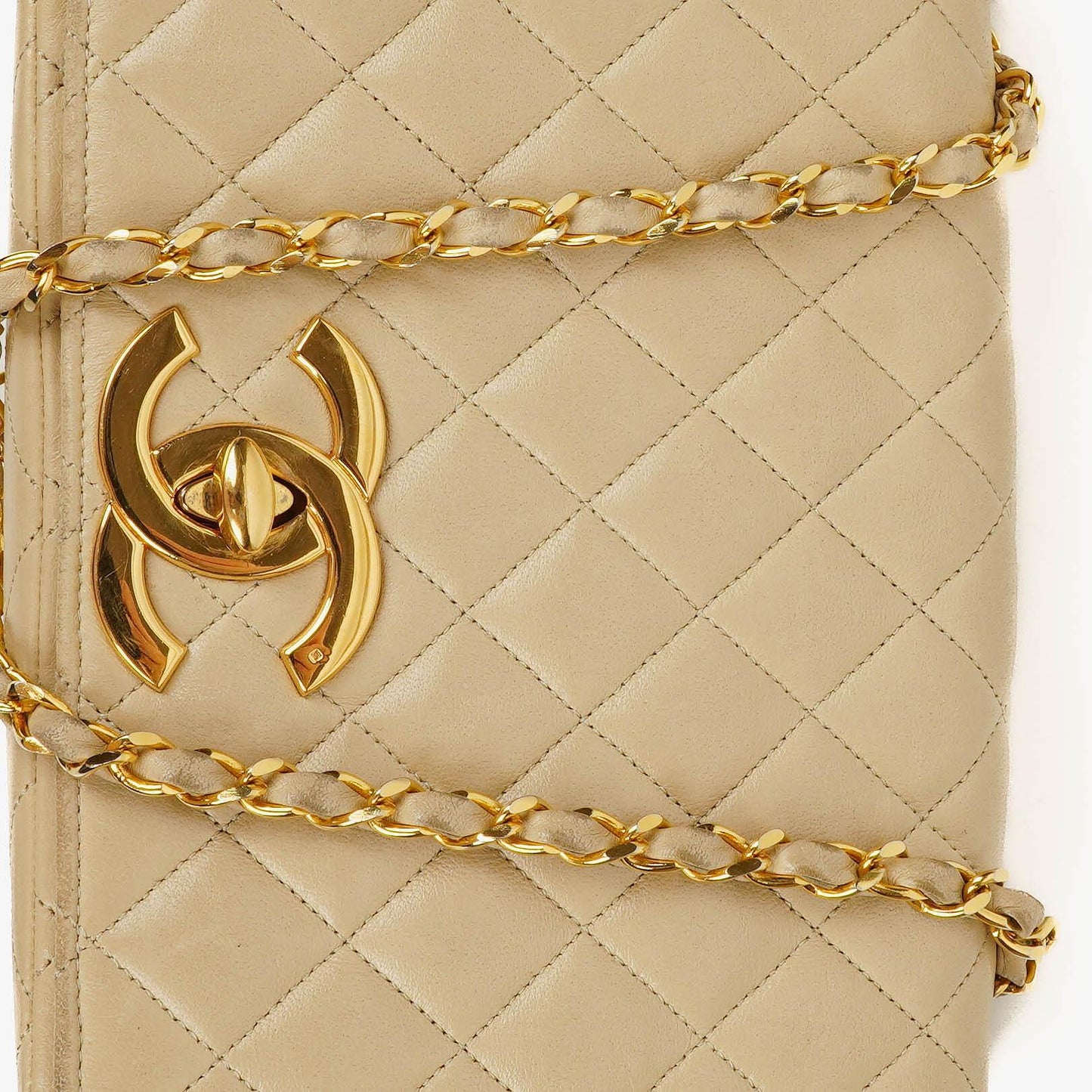 Chanel Maxi Logo Full Flap Bag Beige Quilted Leather With 24K Gold-Plated Hardware