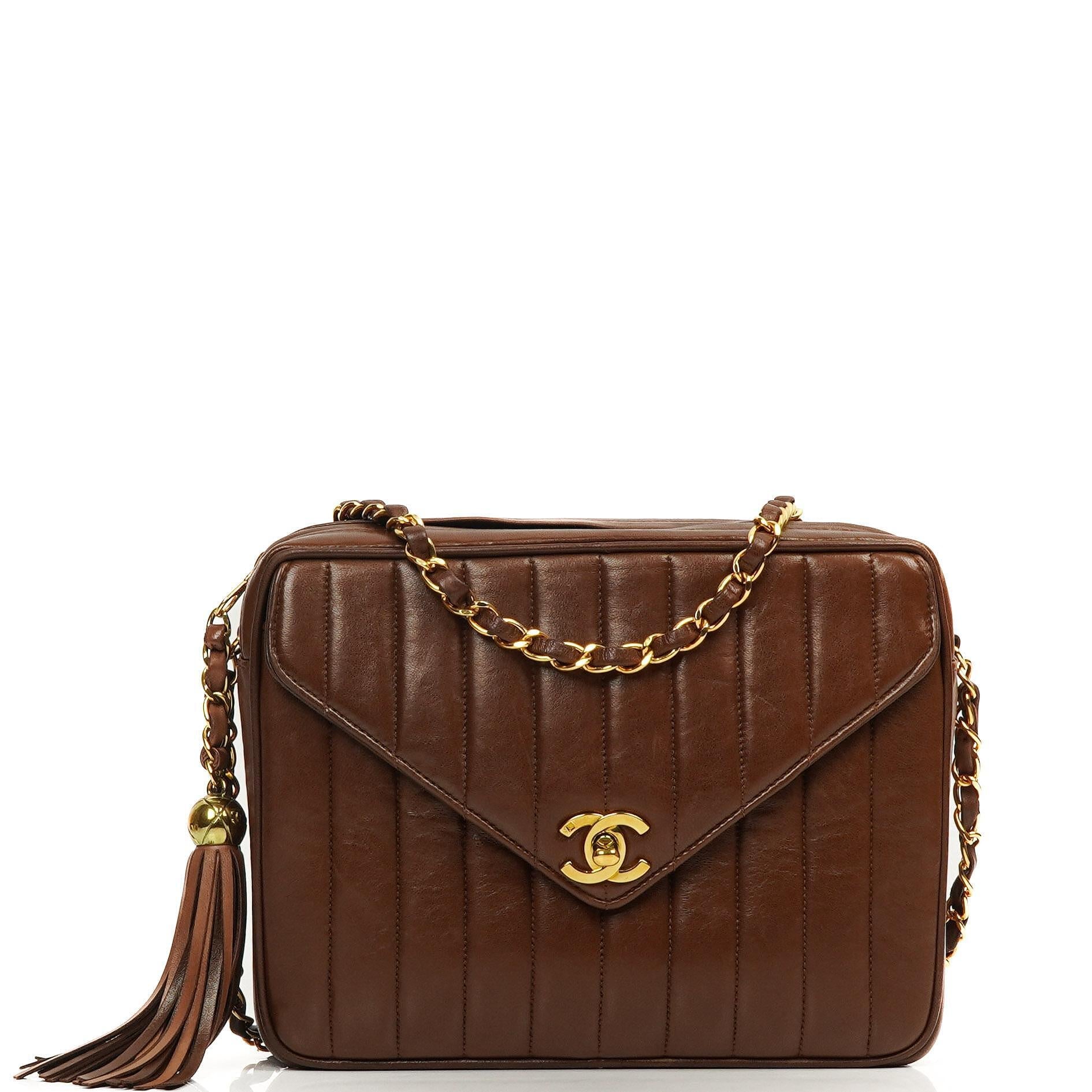 Chanel Medium Camera Tassel Brown Vertical Quilted Lambskin CC Flap Shoulder Bag 24K Gold-Plated Hardware, 1994-1996