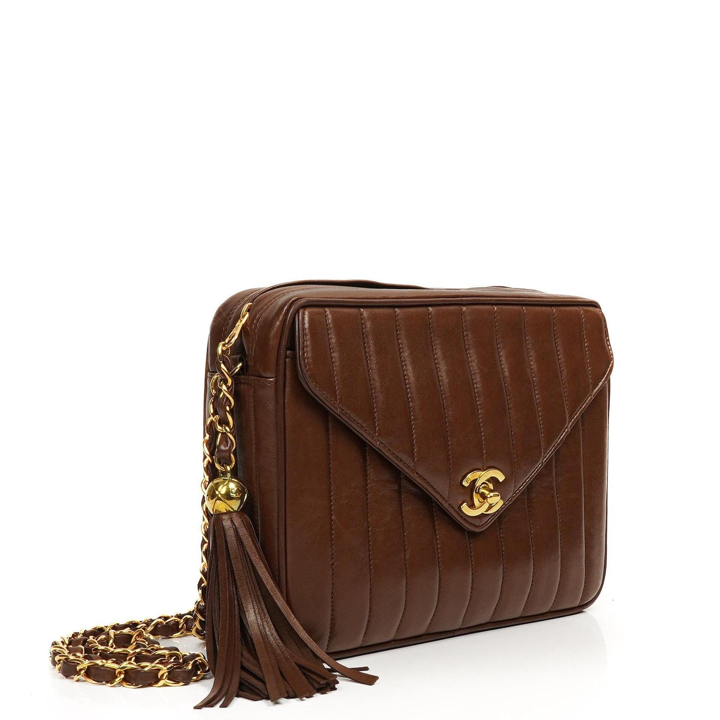 Chanel Medium Camera Tassel Brown Vertical Quilted Lambskin CC Flap Shoulder Bag 24K Gold-Plated Hardware, 1994-1996