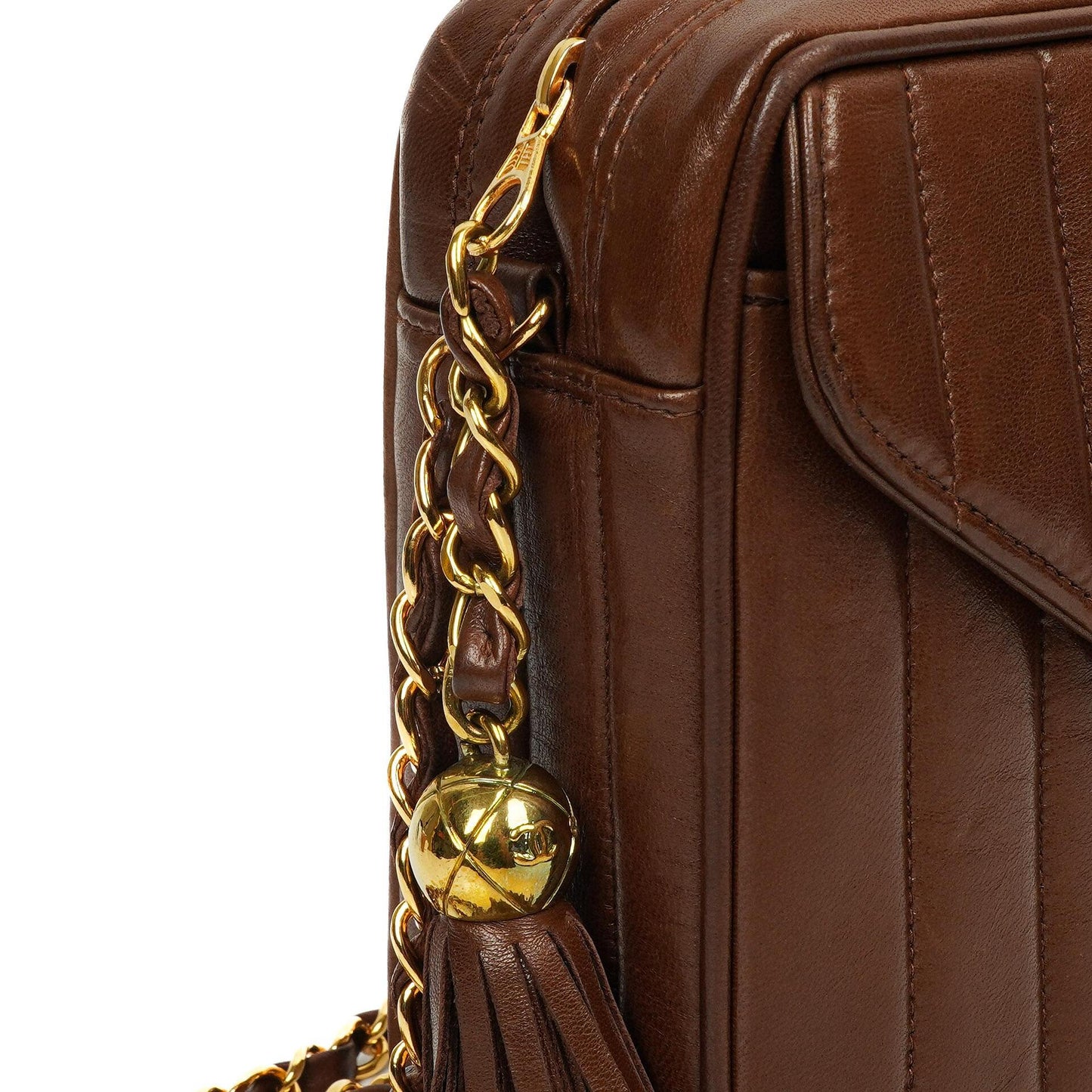 Chanel Medium Camera Tassel Brown Vertical Quilted Lambskin CC Flap Shoulder Bag 24K Gold-Plated Hardware, 1994-1996