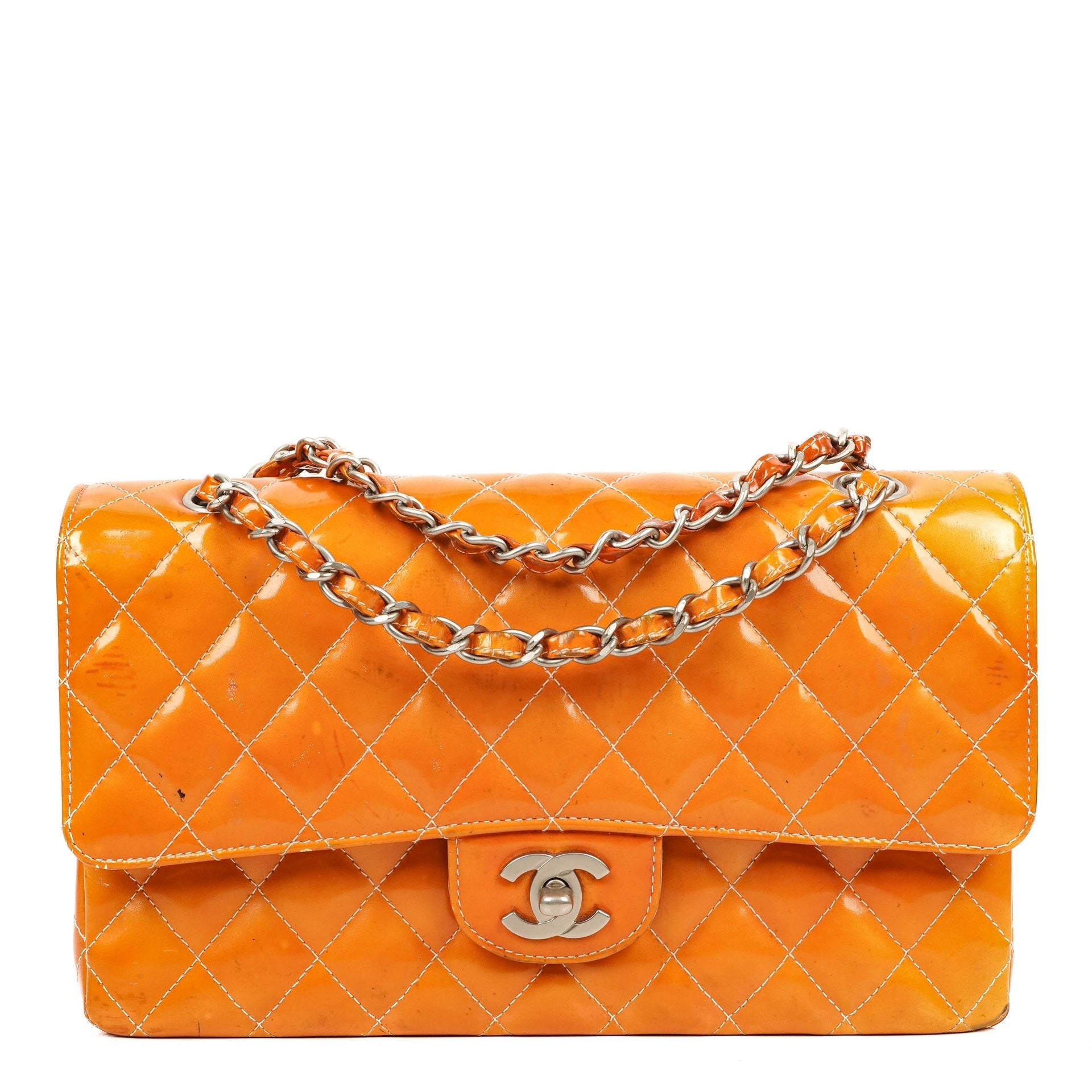 Chanel Medium Clasic Double Flap Orange Patent Quilted Leather With Silver-tone Hardware