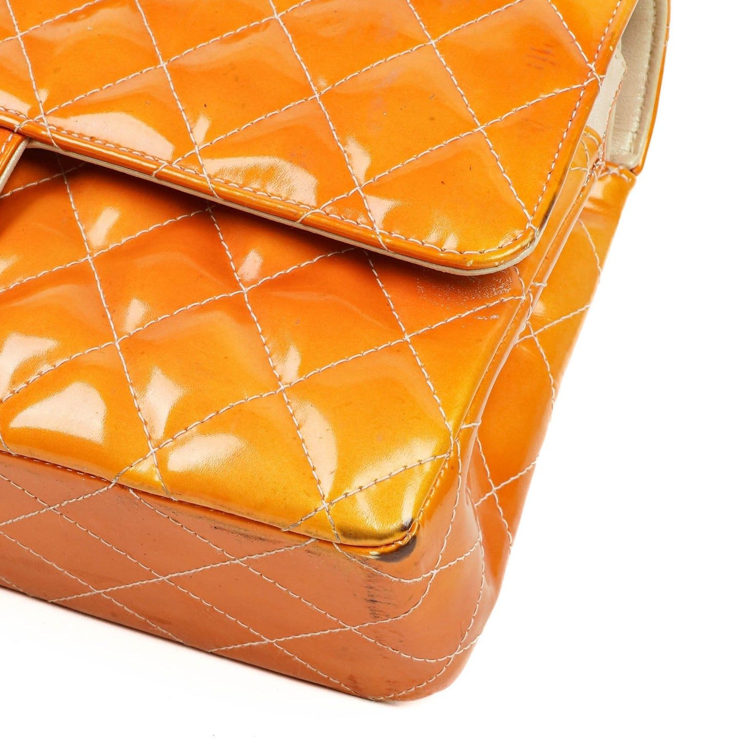 Chanel Medium Clasic Double Flap Orange Patent Quilted Leather With Silver-tone Hardware