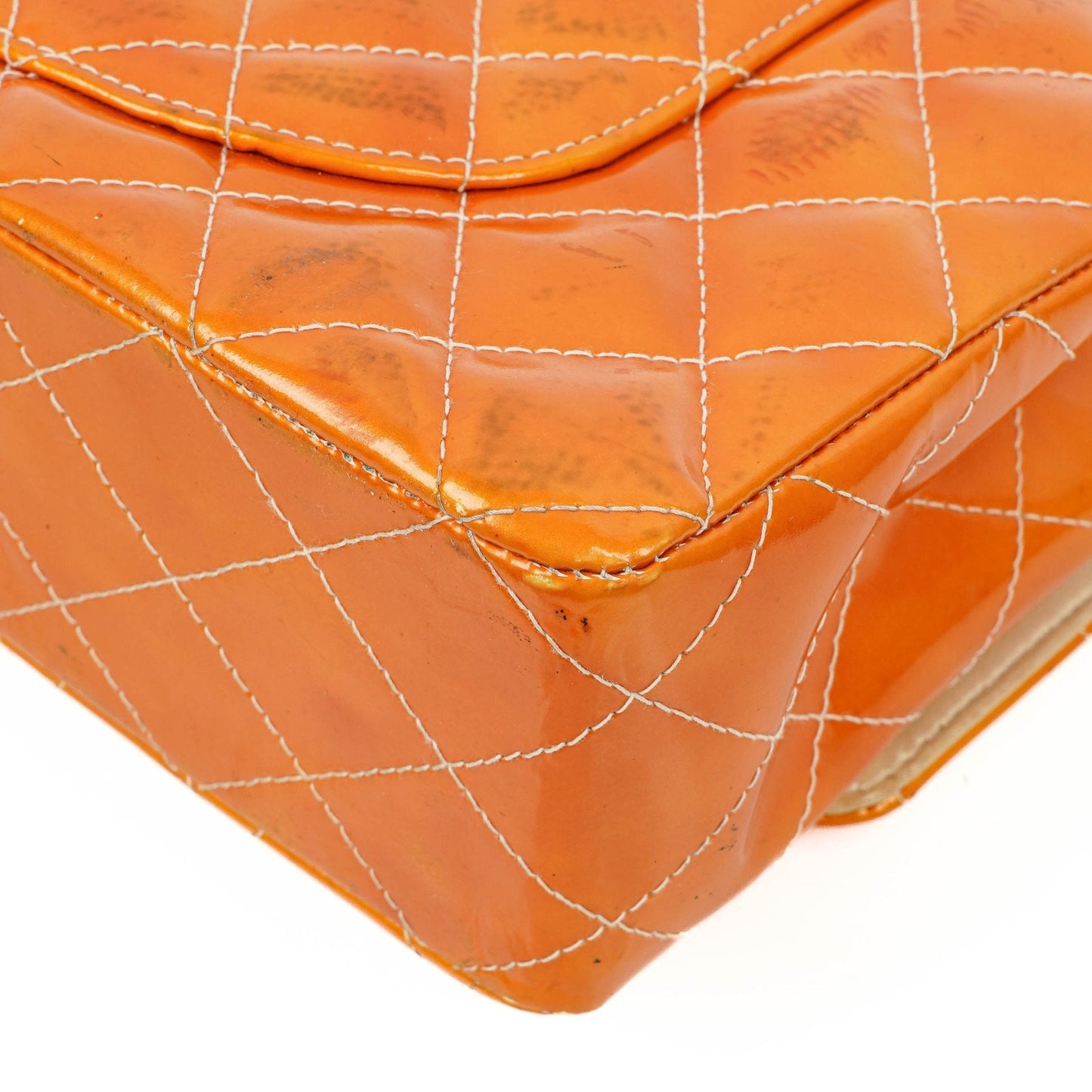 Chanel Medium Clasic Double Flap Orange Patent Quilted Leather With Silver-tone Hardware