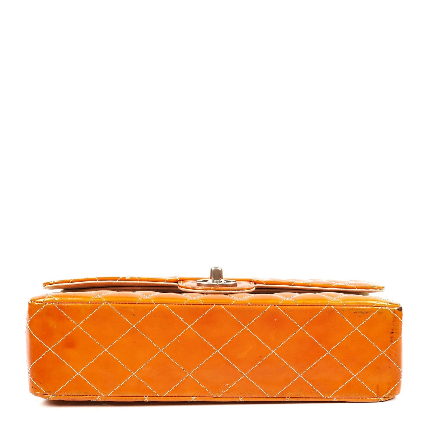 Chanel Medium Clasic Double Flap Orange Patent Quilted Leather With Silver-tone Hardware