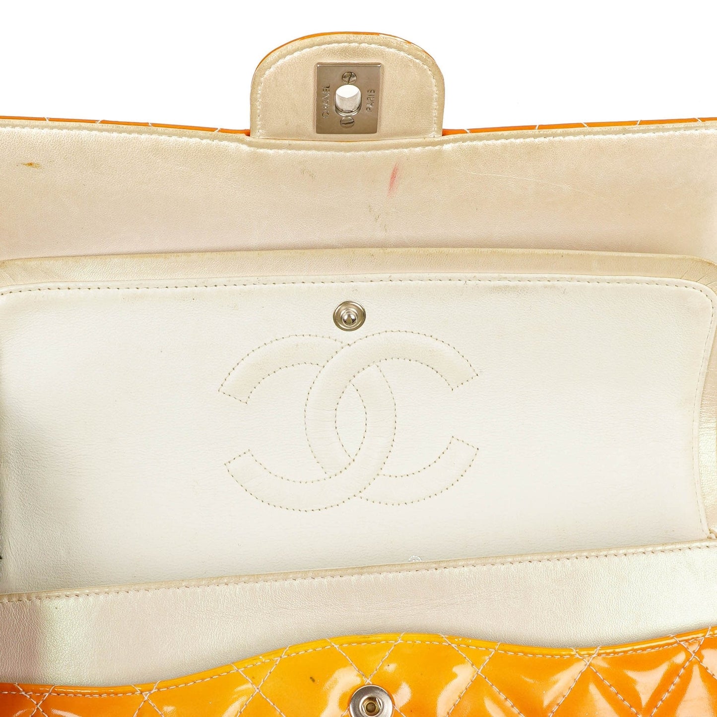 Chanel Medium Clasic Double Flap Orange Patent Quilted Leather With Silver-tone Hardware