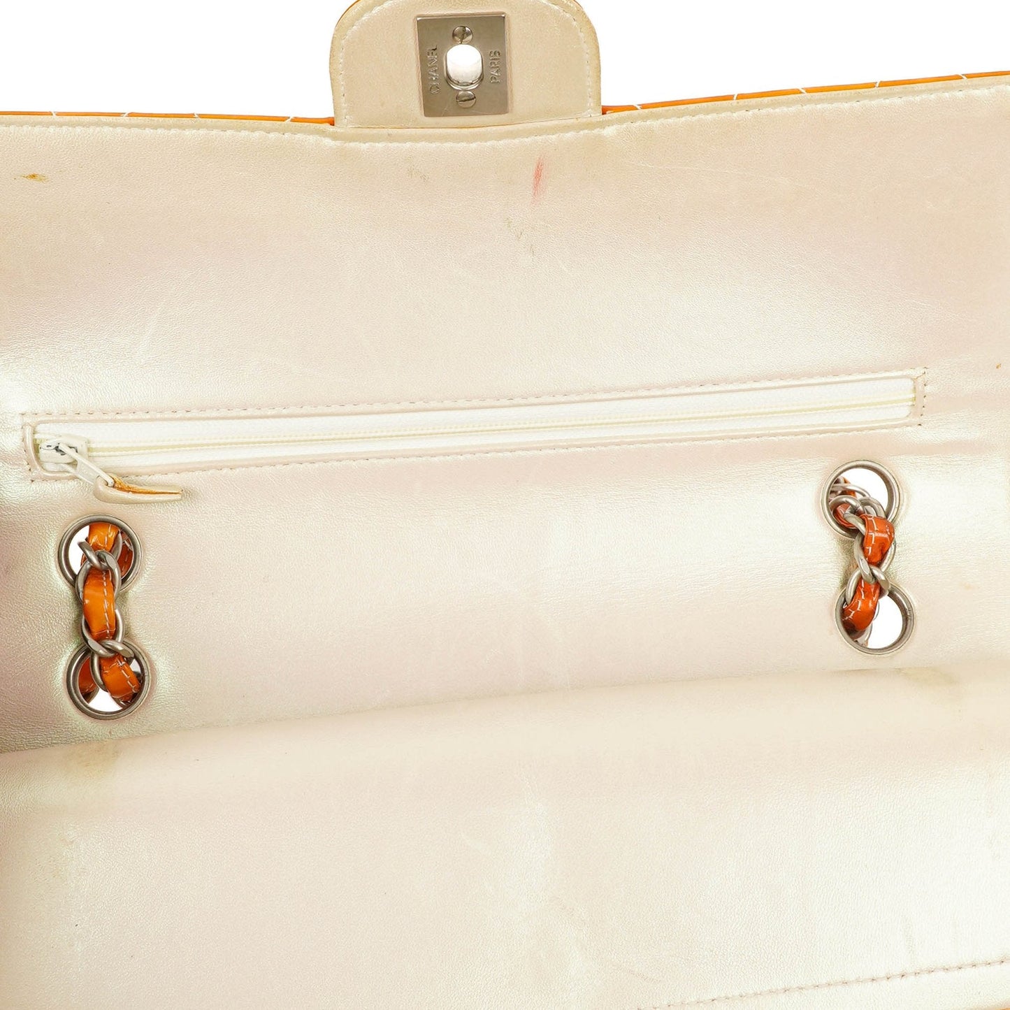 Chanel Medium Clasic Double Flap Orange Patent Quilted Leather With Silver-tone Hardware