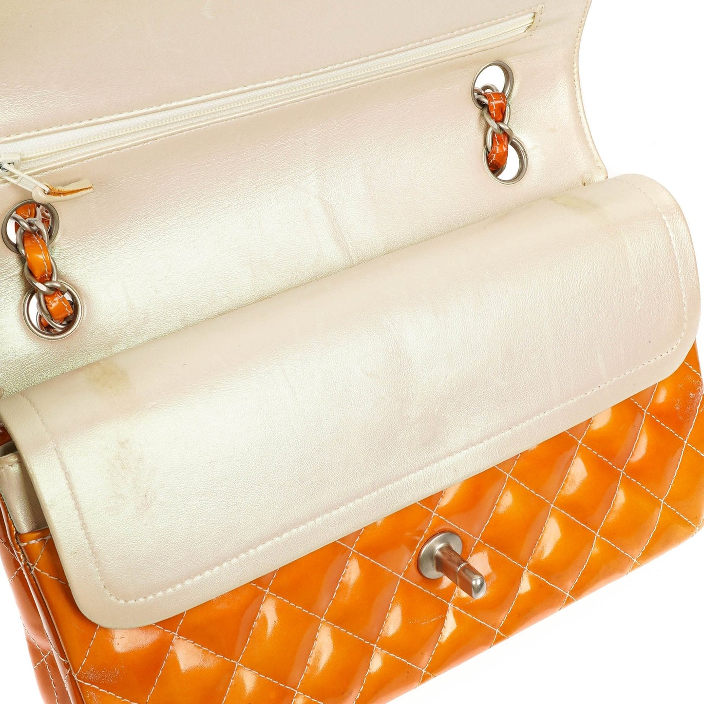 Chanel Medium Clasic Double Flap Orange Patent Quilted Leather With Silver-tone Hardware