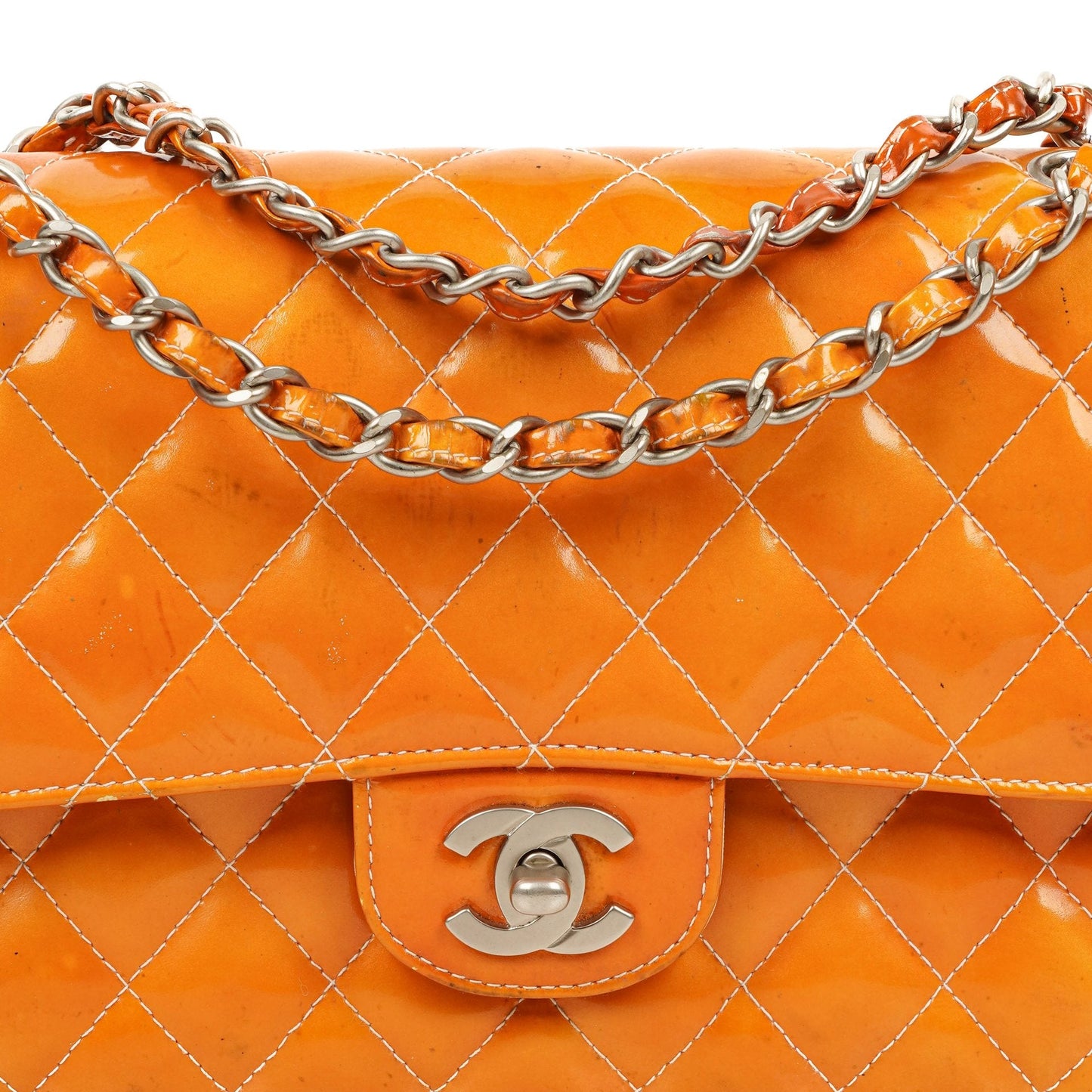 Chanel Medium Clasic Double Flap Orange Patent Quilted Leather With Silver-tone Hardware
