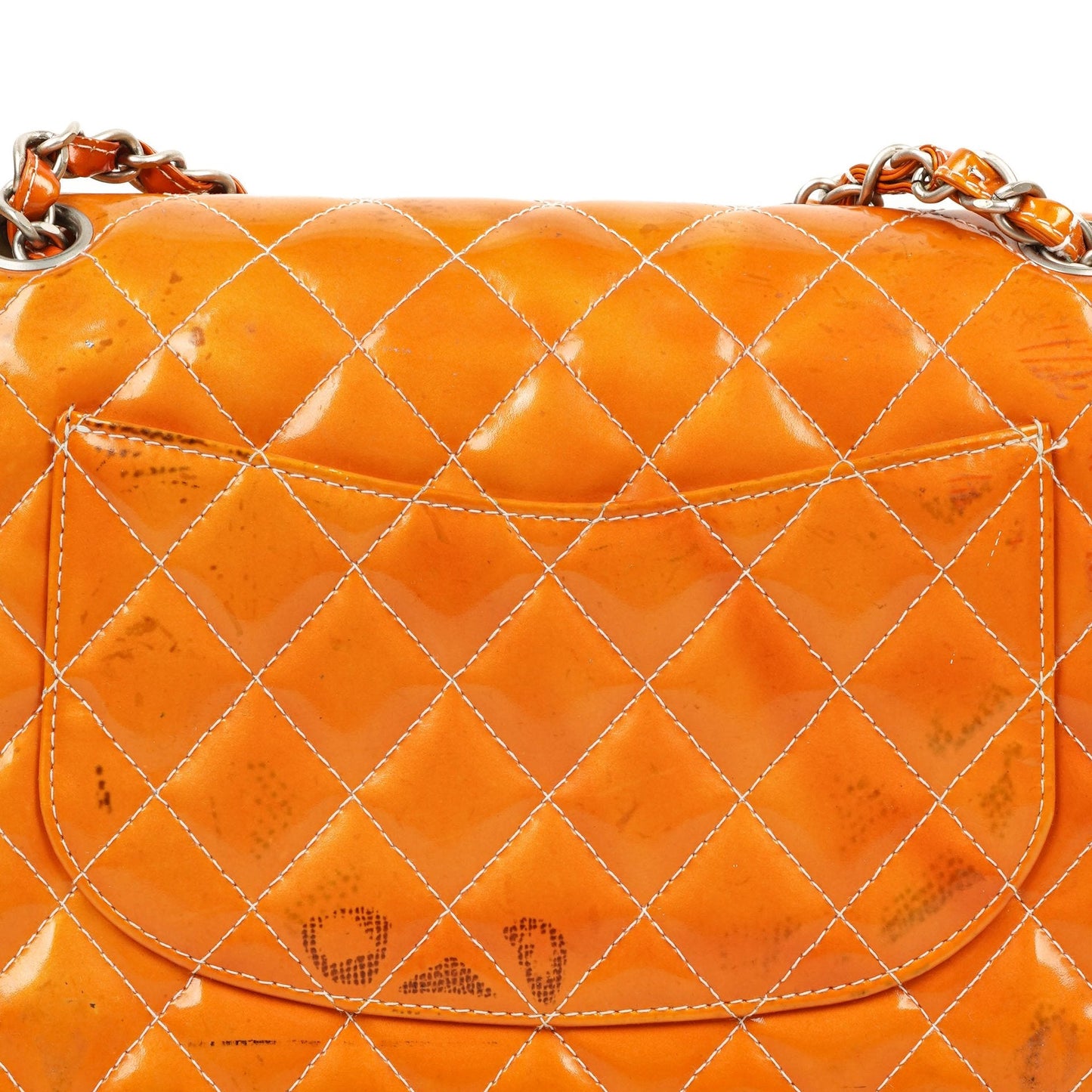 Chanel Medium Clasic Double Flap Orange Patent Quilted Leather With Silver-tone Hardware