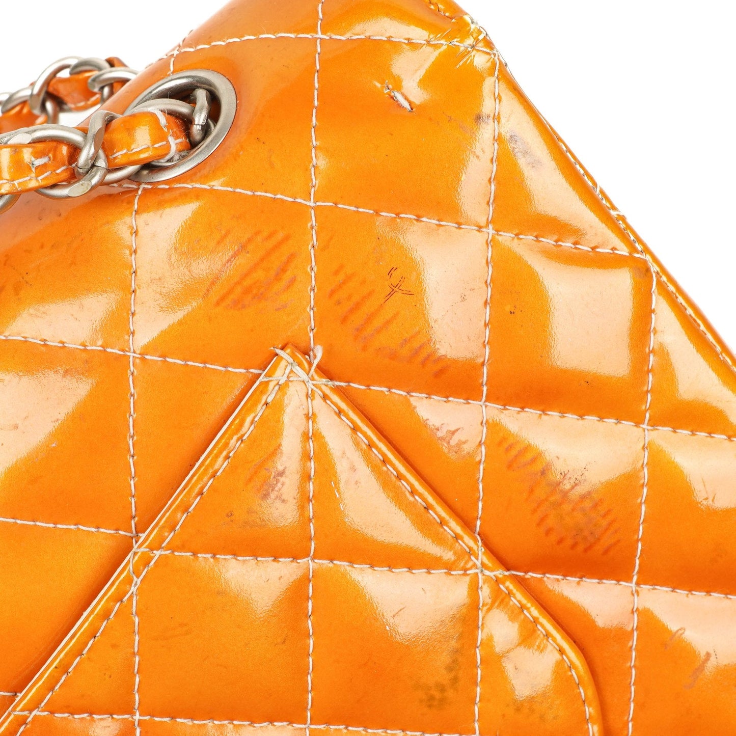 Chanel Medium Clasic Double Flap Orange Patent Quilted Leather With Silver-tone Hardware