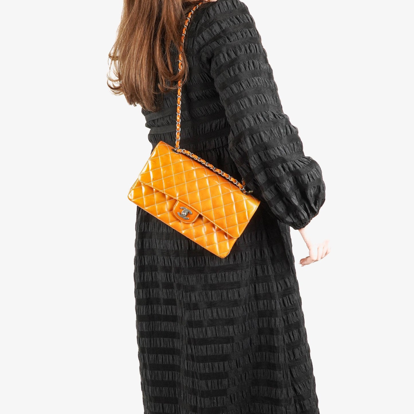Chanel Medium Clasic Double Flap Orange Patent Quilted Leather With Silver-tone Hardware