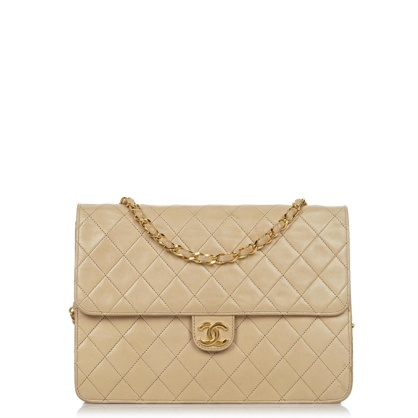 Chanel Medium Classic Beige Ivory Quilted Lambskin Single Flap Bag With 24K Gold-Plated Hardware