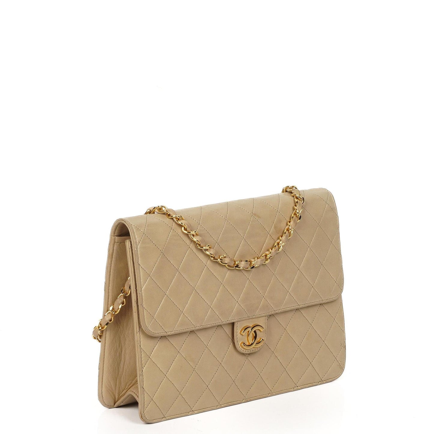 Chanel Medium Classic Beige Ivory Quilted Lambskin Single Flap Bag With 24K Gold-Plated Hardware