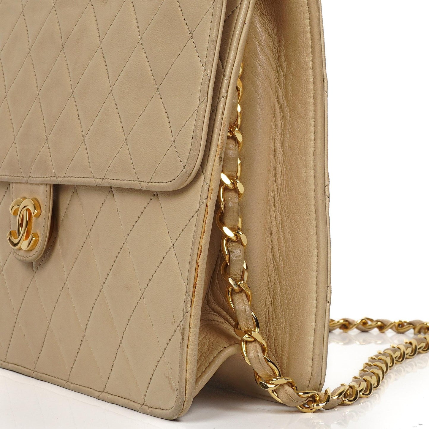 Chanel Medium Classic Beige Ivory Quilted Lambskin Single Flap Bag With 24K Gold-Plated Hardware