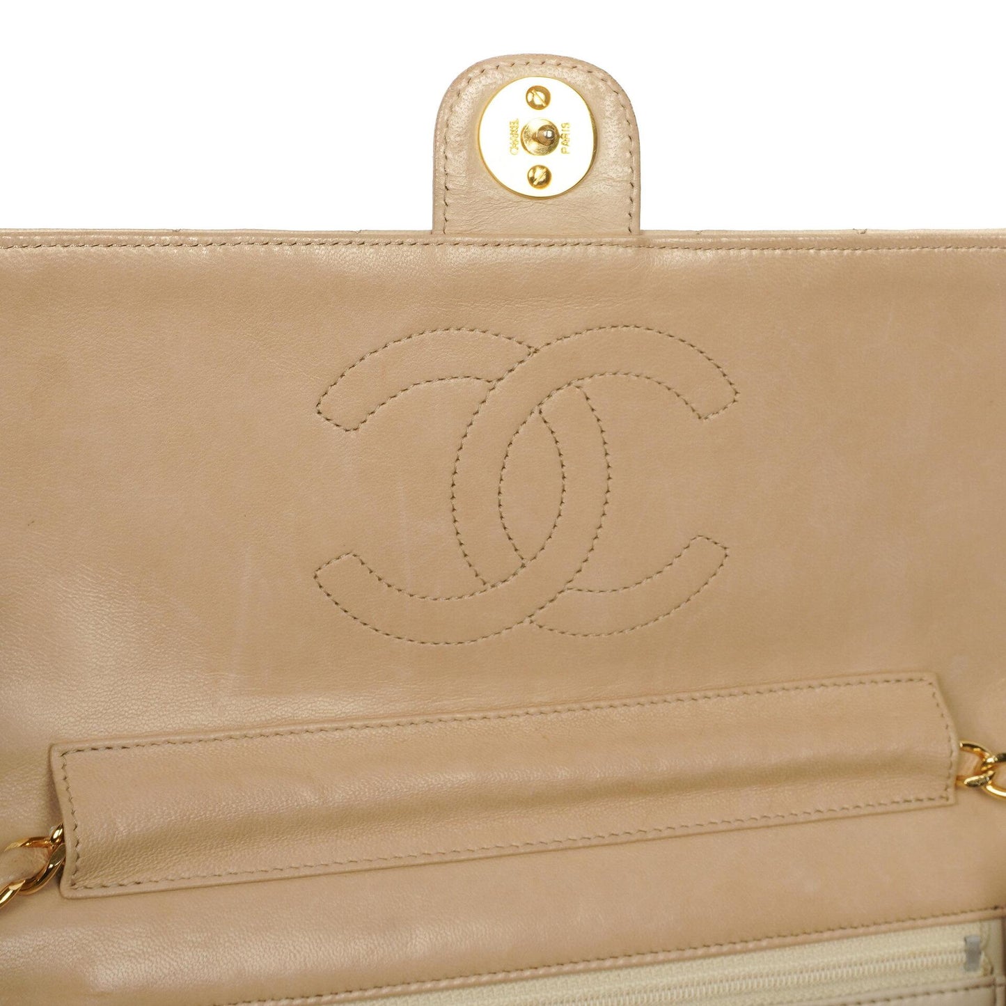Chanel Medium Classic Beige Ivory Quilted Lambskin Single Flap Bag With 24K Gold-Plated Hardware
