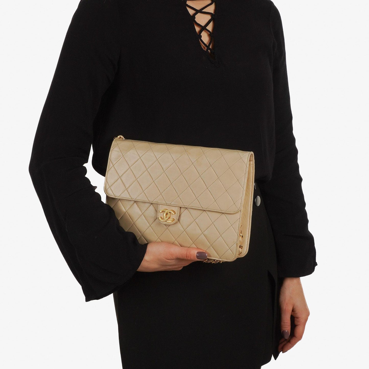 Chanel Medium Classic Beige Ivory Quilted Lambskin Single Flap Bag With 24K Gold-Plated Hardware