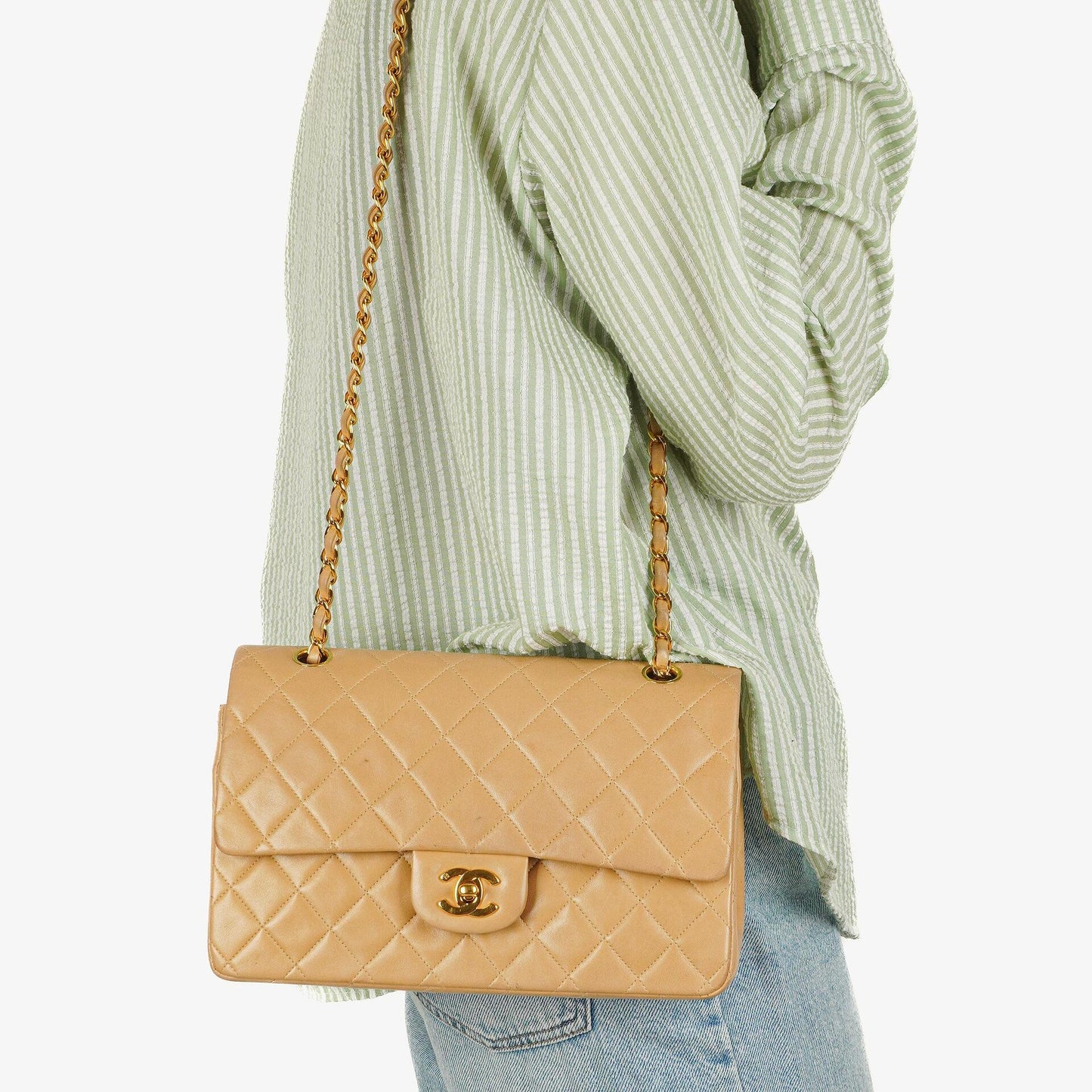 Chanel Medium Classic Beige Quilted Leather Double Flap Bag With 24K Gold-Tone Hardware