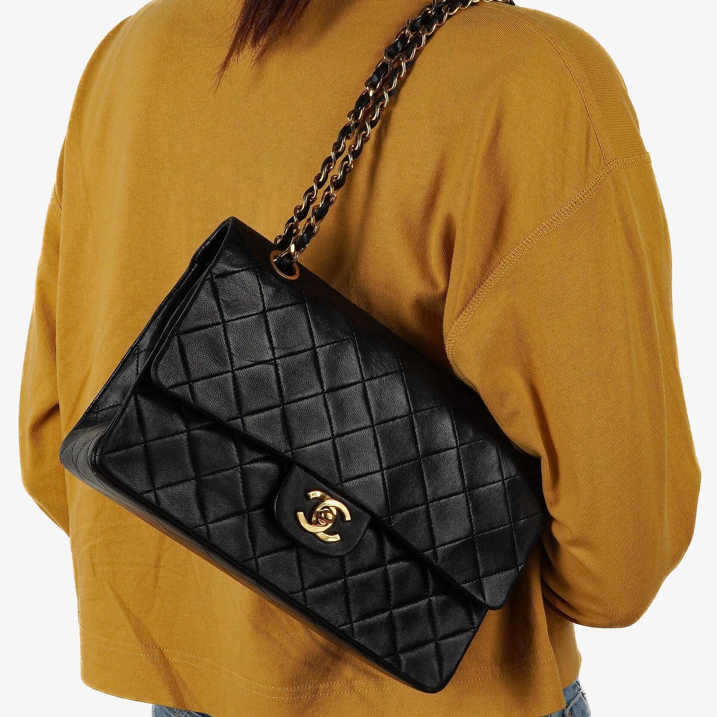 Chanel Medium Classic Black Quilted Lambskin Double Flap Bag With 24K Gold-Plated Hardware