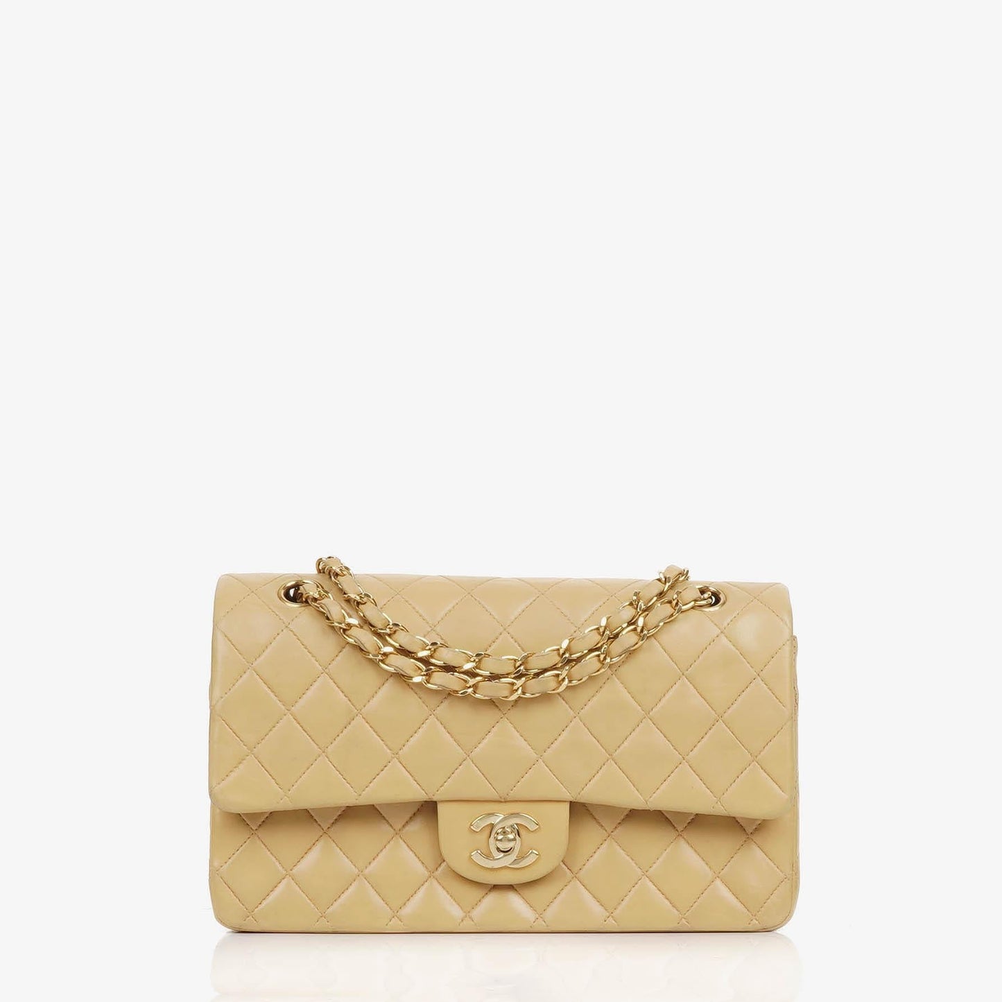 Chanel Medium Classic Double Flap Bag Beige Quilted Lambskin With 24K Gold-Plated Hardware