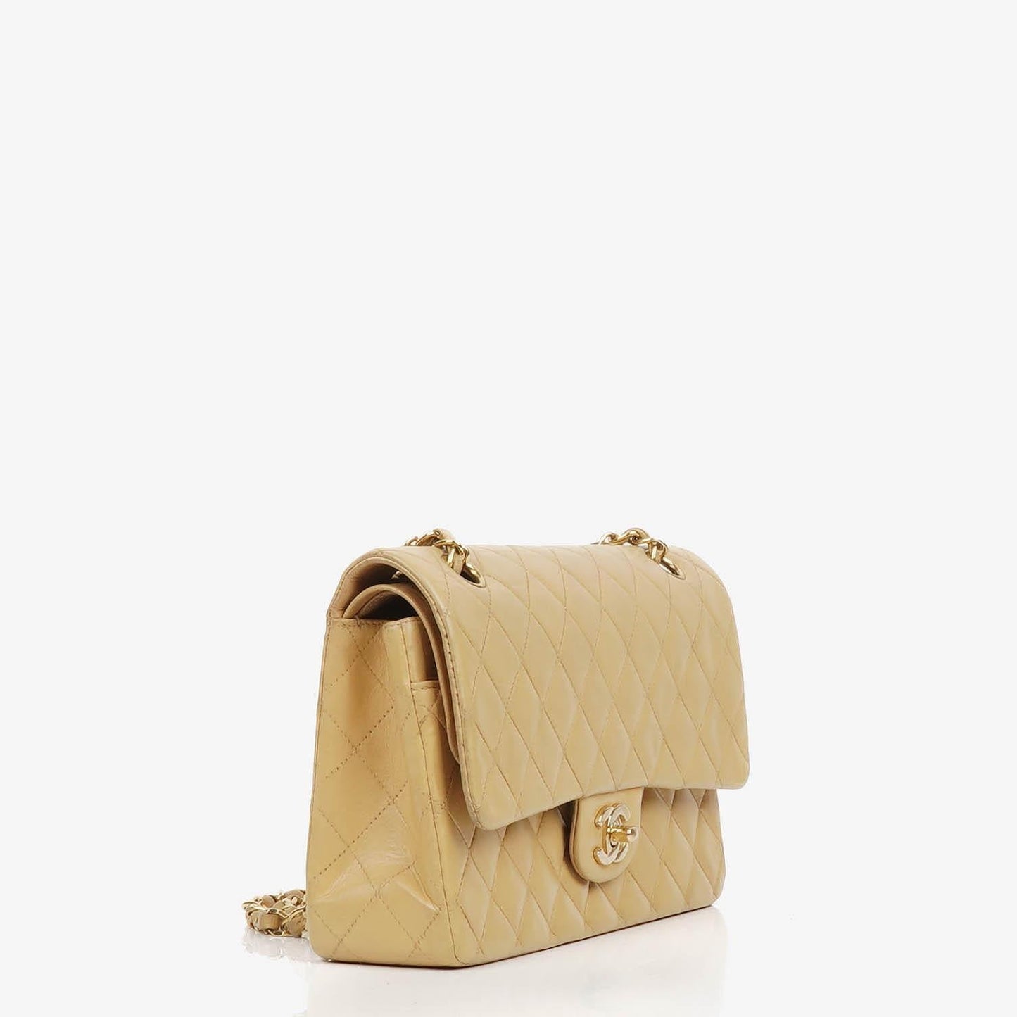 Chanel Medium Classic Double Flap Bag Beige Quilted Lambskin With 24K Gold-Plated Hardware