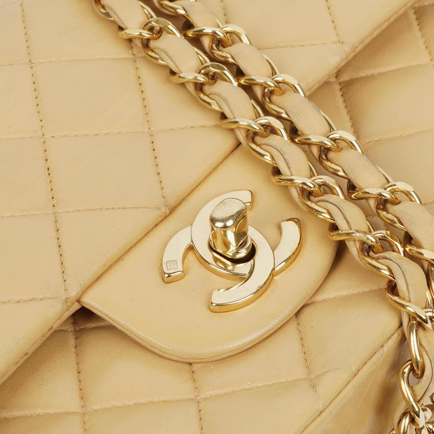Chanel Medium Classic Double Flap Bag Beige Quilted Lambskin With 24K Gold-Plated Hardware