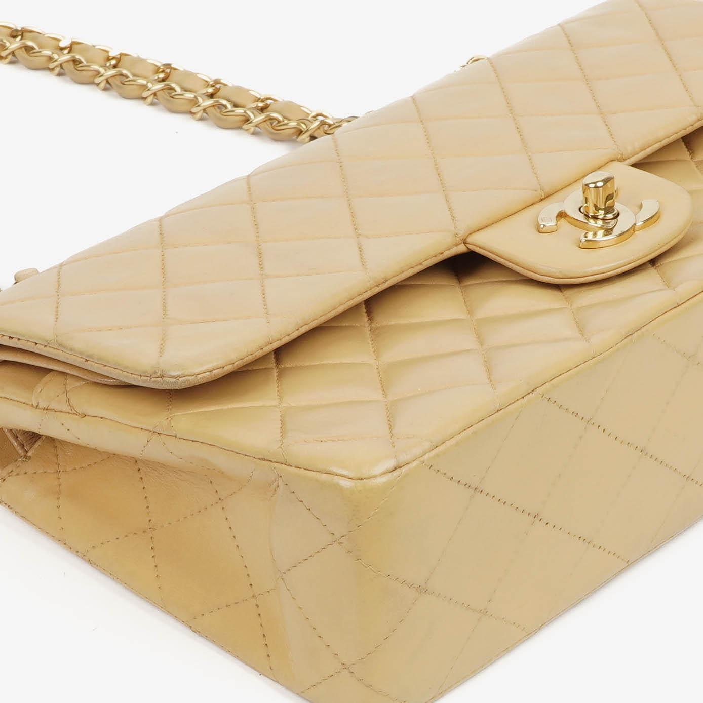 Chanel Medium Classic Double Flap Bag Beige Quilted Lambskin With 24K Gold-Plated Hardware