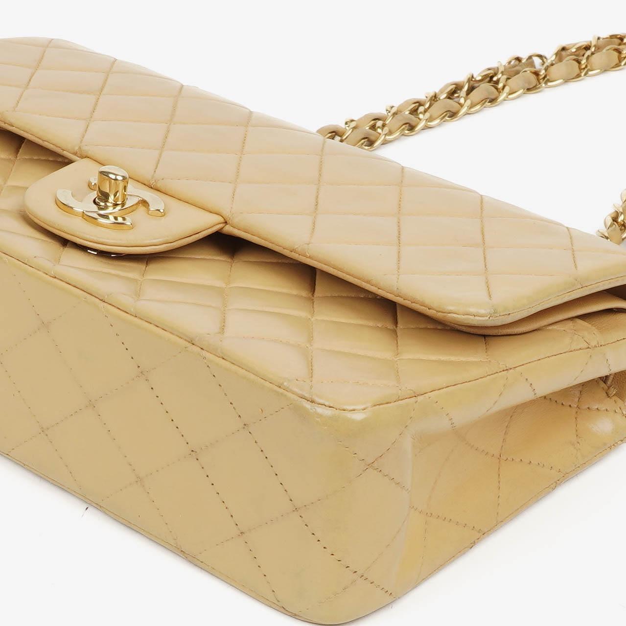 Chanel Medium Classic Double Flap Bag Beige Quilted Lambskin With 24K Gold-Plated Hardware