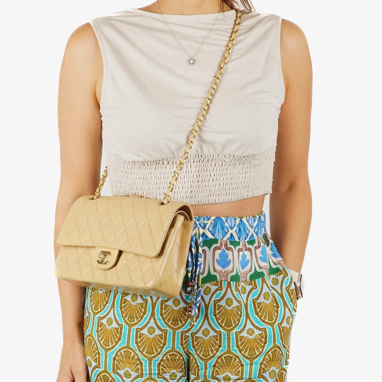 Chanel Medium Classic Double Flap Bag Beige Quilted Lambskin With 24K Gold-Plated Hardware