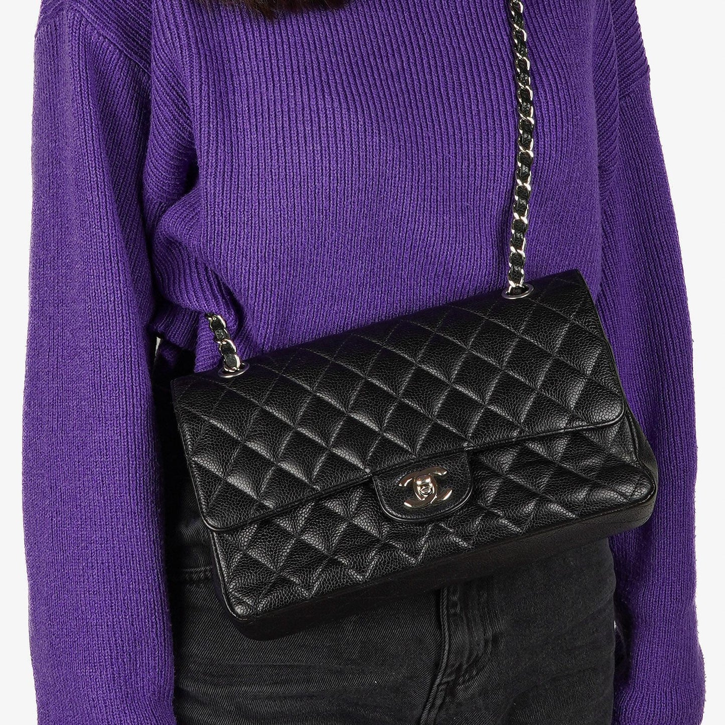 Chanel Medium Classic Double Flap Bag Black Quilted Caviar Leather With Silver-Tone Hardware, 2010-2011