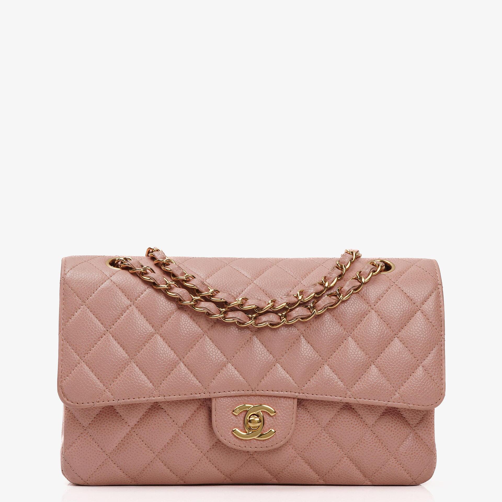 Chanel Medium Classic Double Flap Bag Pink Quilted Caviar Leather With 24K Gold-Plated Hardware