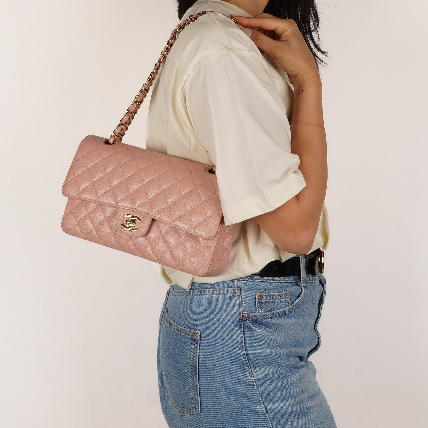 Chanel Medium Classic Double Flap Bag Pink Quilted Caviar Leather With 24K Gold-Plated Hardware