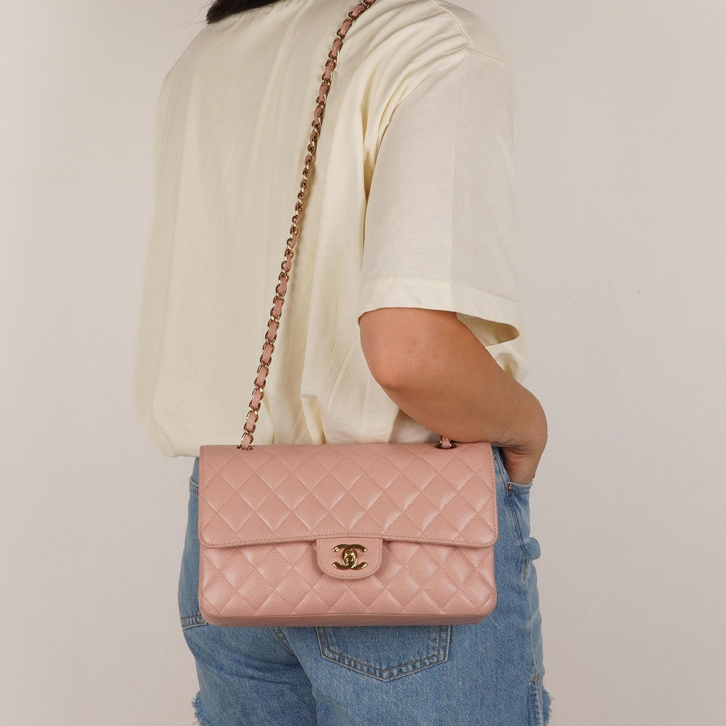 Chanel Medium Classic Double Flap Bag Pink Quilted Caviar Leather With 24K Gold-Plated Hardware