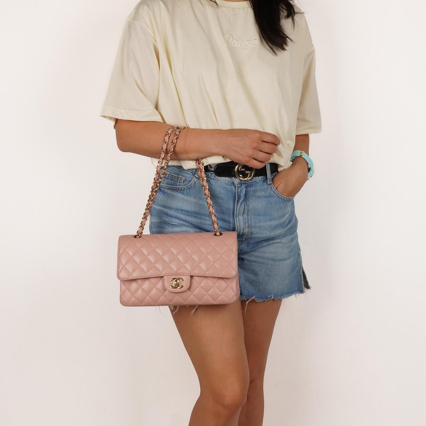 Chanel Medium Classic Double Flap Bag Pink Quilted Caviar Leather With 24K Gold-Plated Hardware