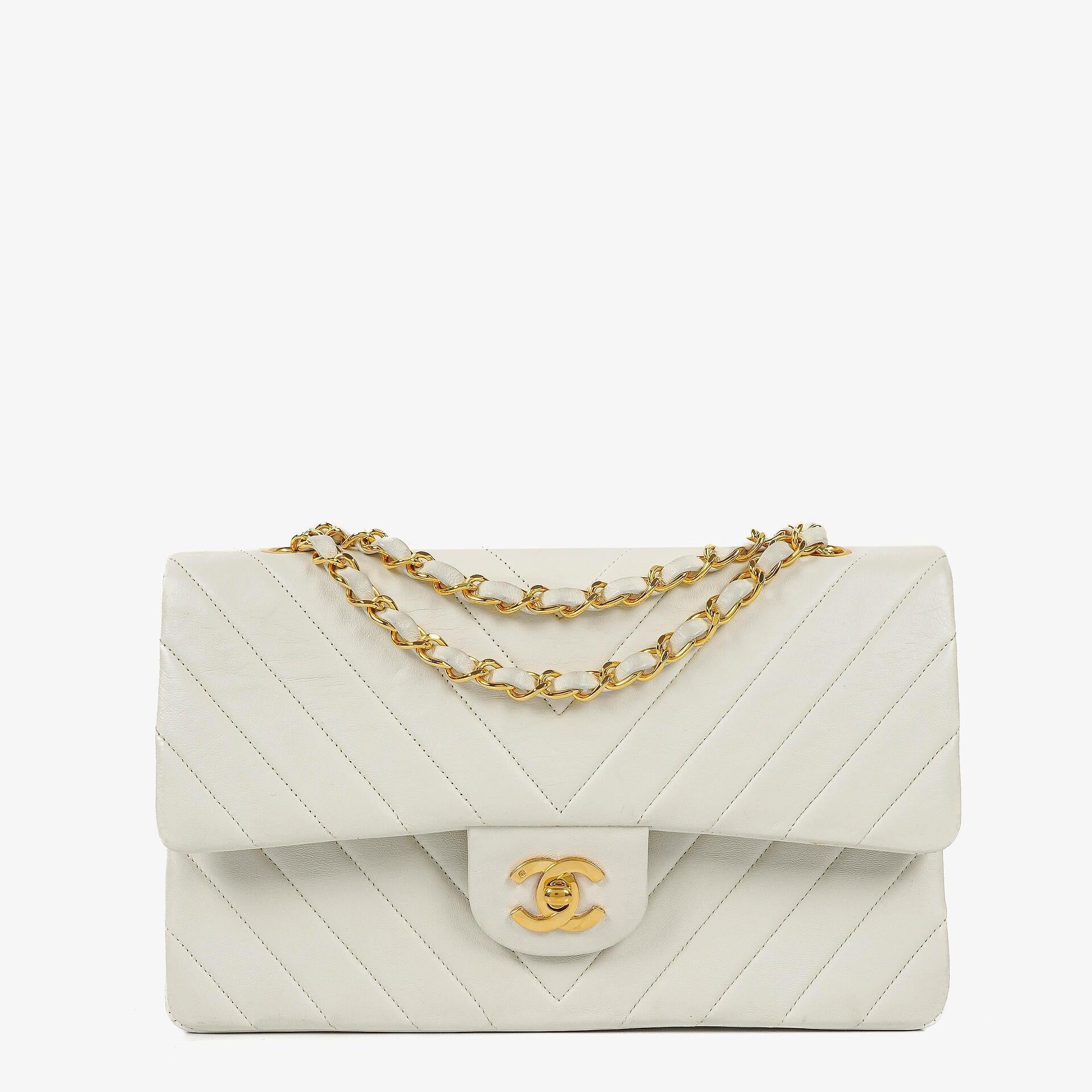 Chanel Medium Classic Double Flap Bag White Chevron Quilted Lambskin 24K Gold-Plated Hardware
