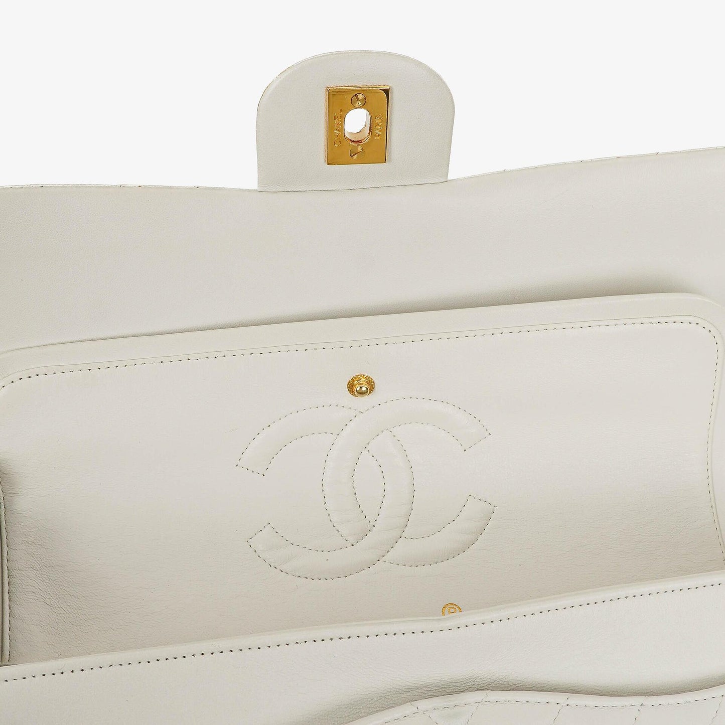 Chanel Medium Classic Double Flap Bag White Chevron Quilted Lambskin 24K Gold-Plated Hardware