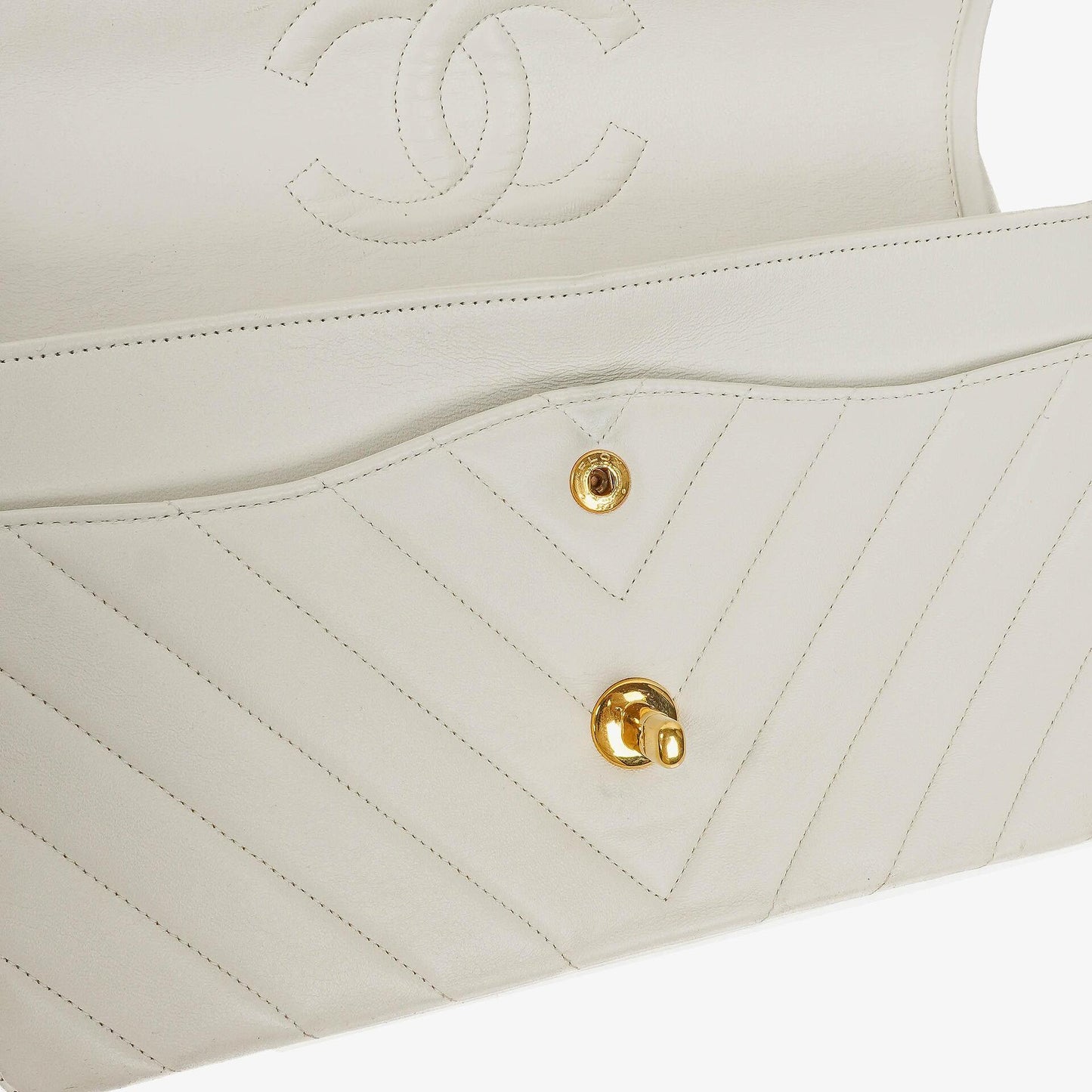 Chanel Medium Classic Double Flap Bag White Chevron Quilted Lambskin 24K Gold-Plated Hardware
