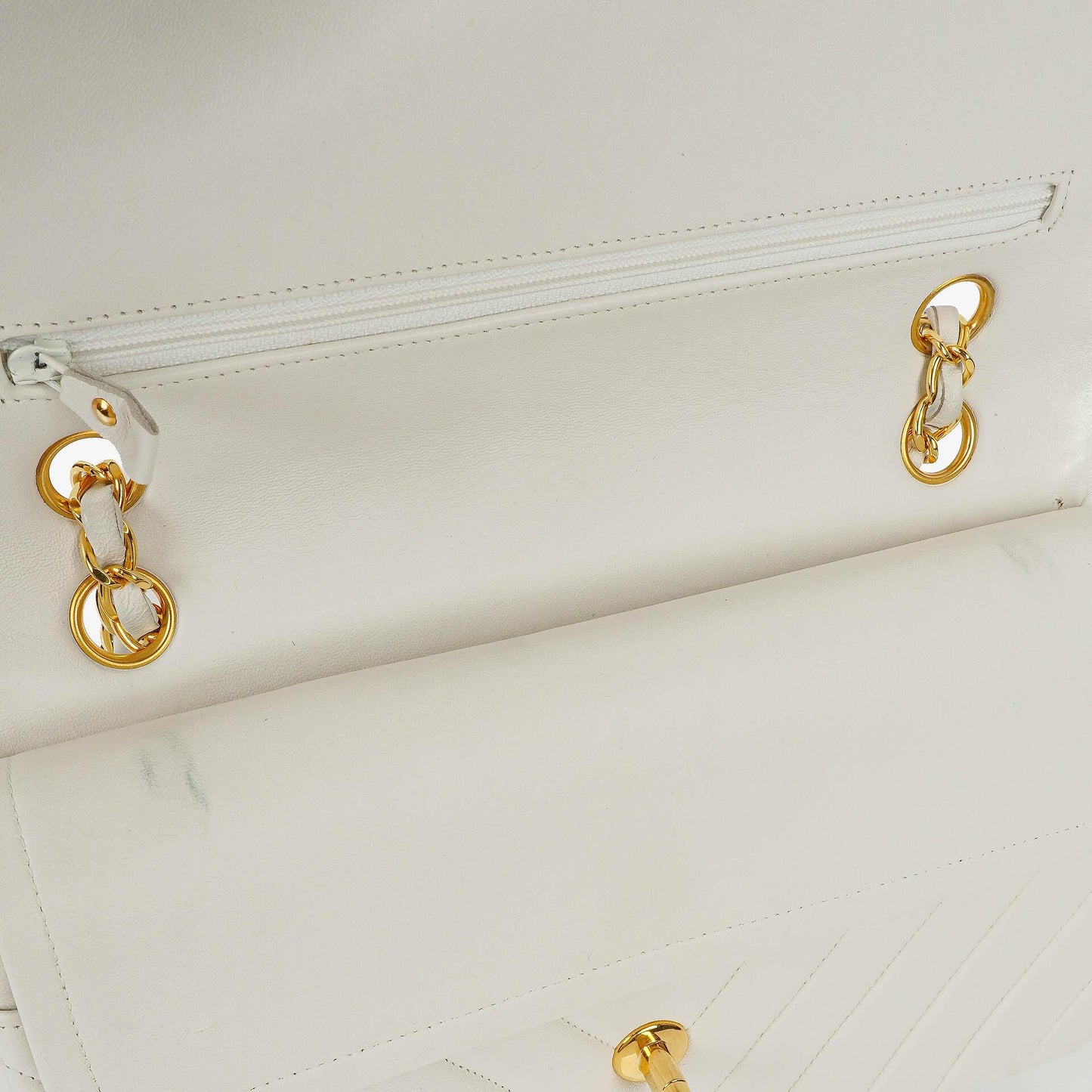 Chanel Medium Classic Double Flap Bag White Chevron Quilted Lambskin 24K Gold-Plated Hardware
