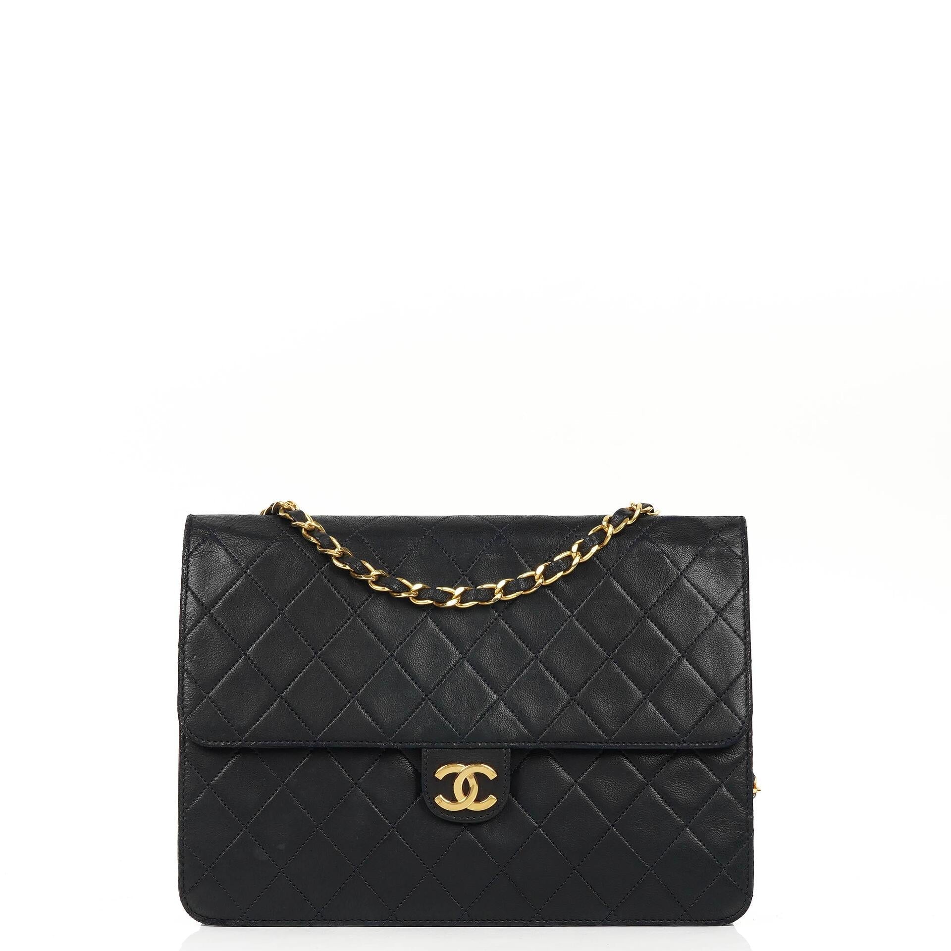 Chanel Medium Classic Navy Quilted Lambskin Single Flap Bag With 24K Gold-Plated Hardware