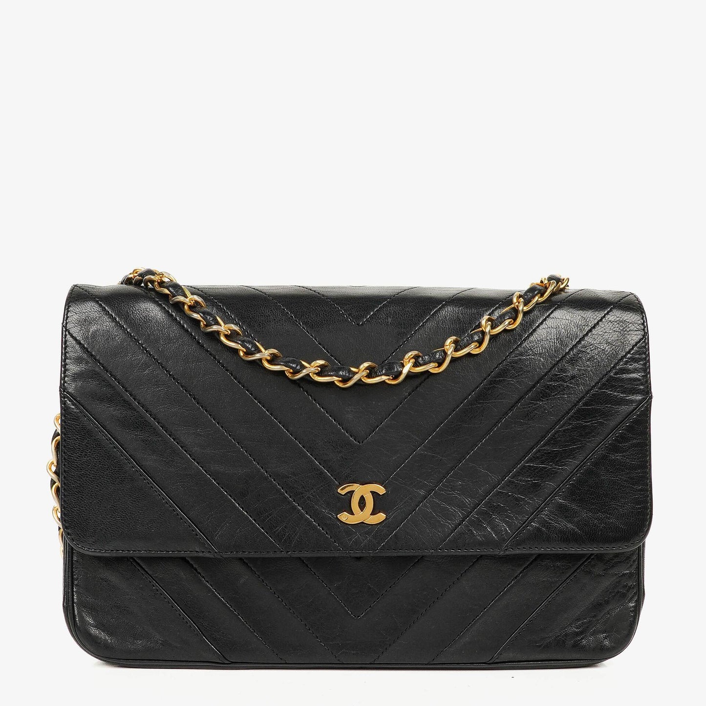 Chanel Medium Classic Single Flap Bag Black Chevron Quilted Lambskin 24K Gold-Plated Hardware