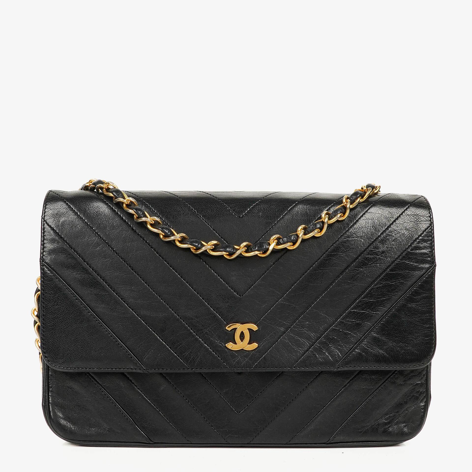 Chanel Medium Classic Single Flap Bag Black Chevron Quilted Lambskin 24K Gold-Plated Hardware