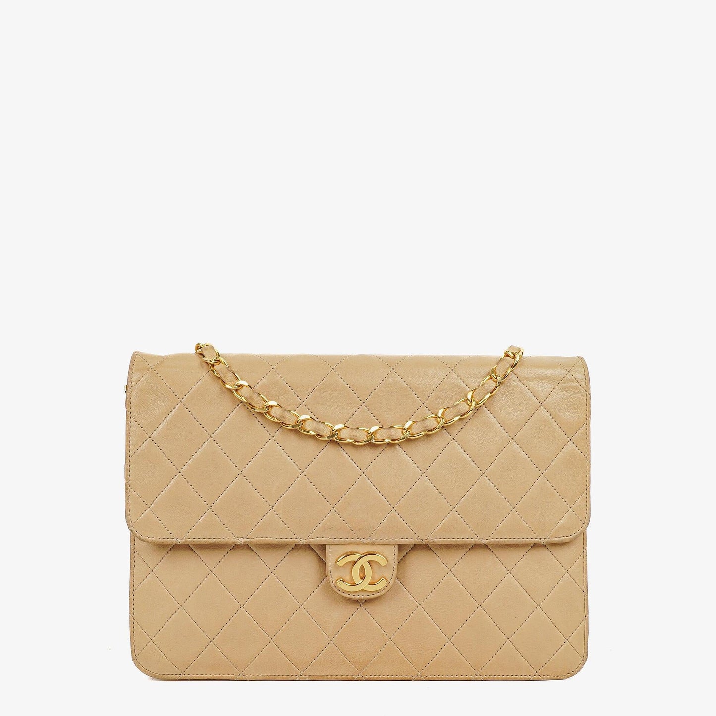 Chanel Medium Classic Single Flap Bag In Beige Quilted Lambskin With 24K Gold-Plated Hardware