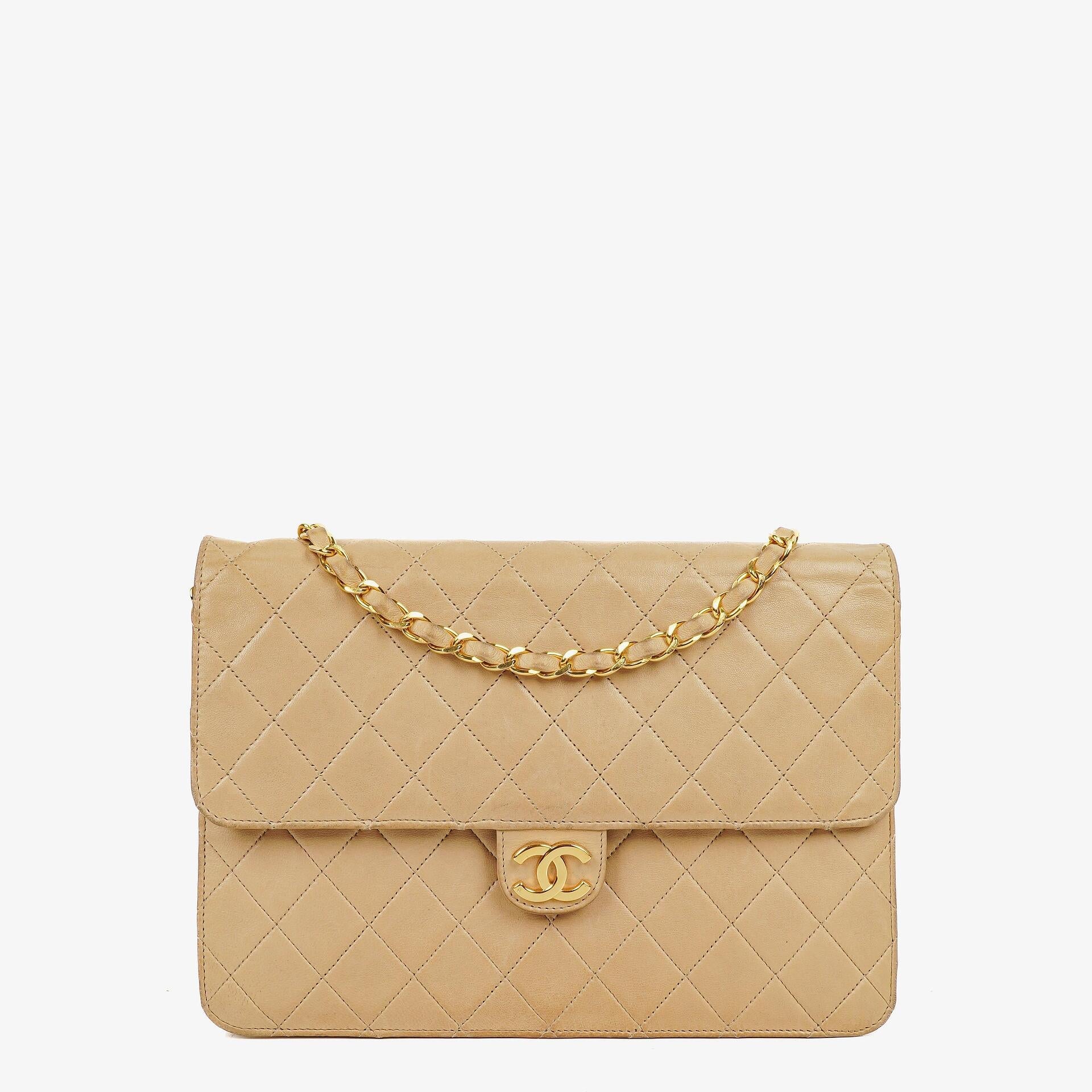 Chanel Medium Classic Single Flap Bag In Beige Quilted Lambskin With 24K Gold-Plated Hardware
