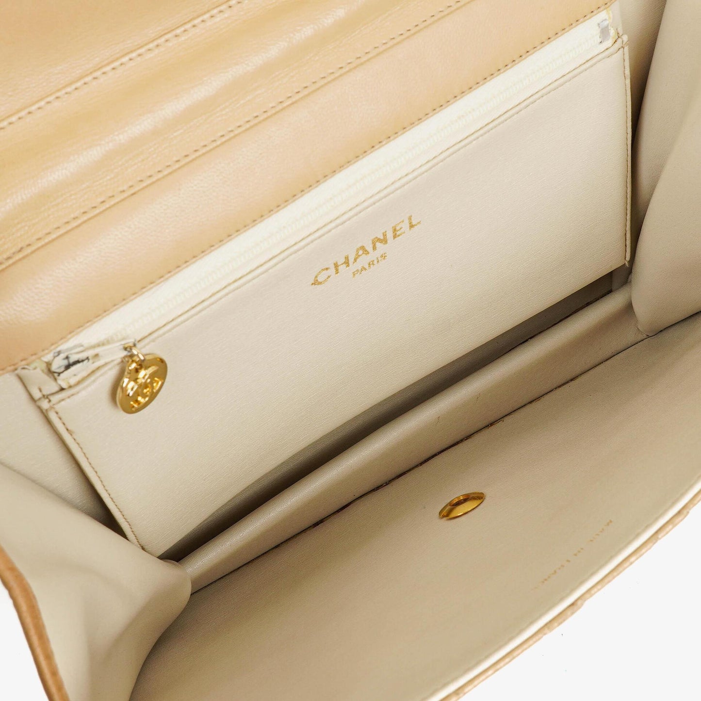 Chanel Medium Classic Single Flap Bag In Beige Quilted Lambskin With 24K Gold-Plated Hardware