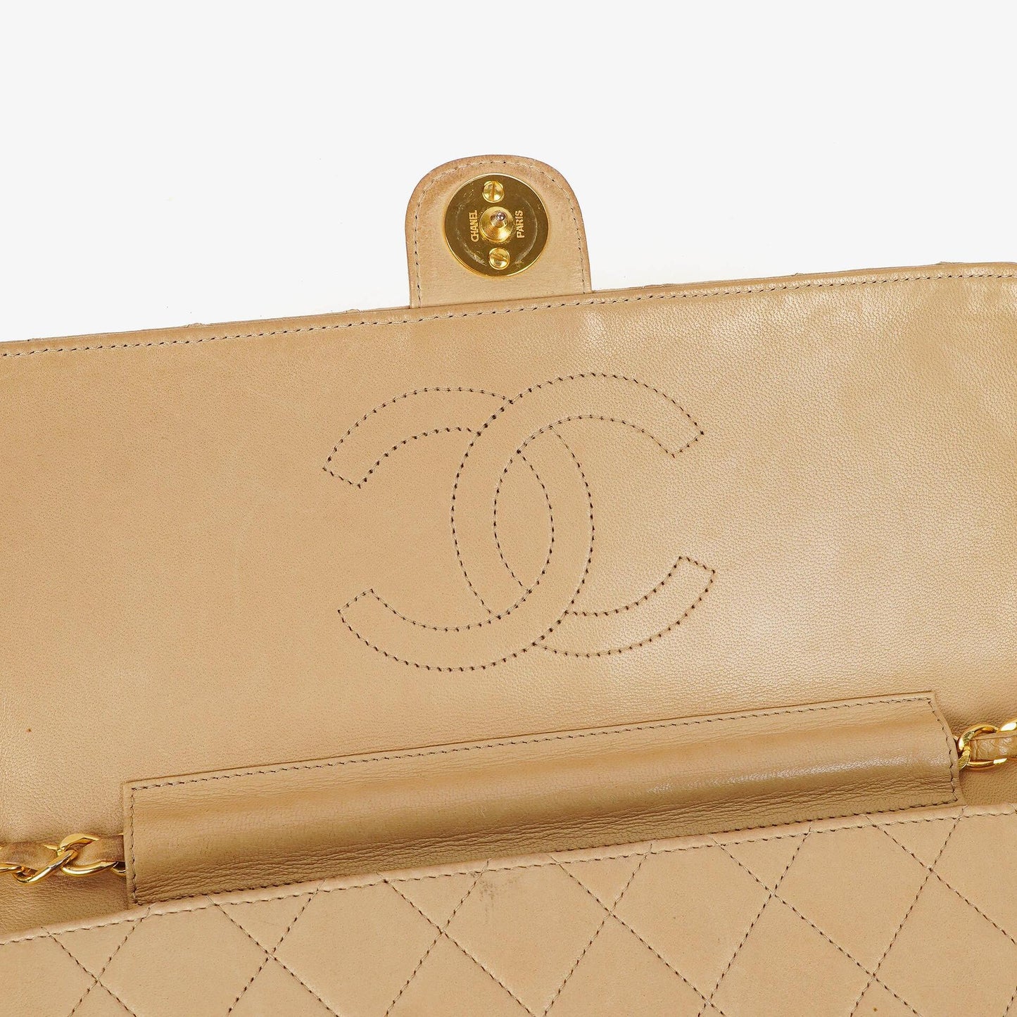 Chanel Medium Classic Single Flap Bag In Beige Quilted Lambskin With 24K Gold-Plated Hardware