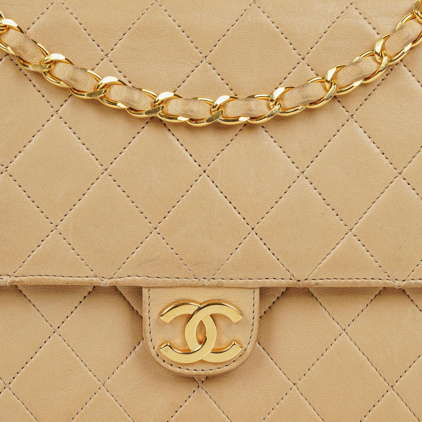 Chanel Medium Classic Single Flap Bag In Beige Quilted Lambskin With 24K Gold-Plated Hardware