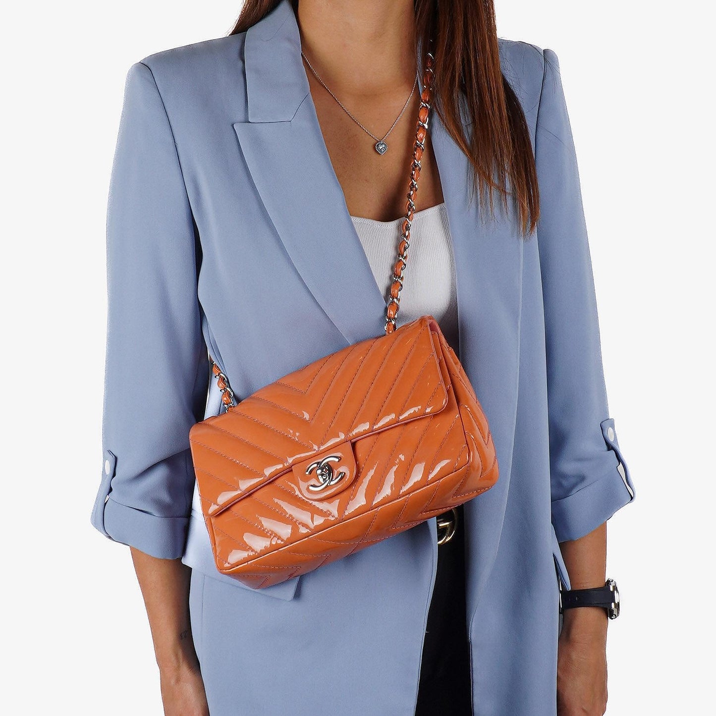Chanel Medium Classic Single Flap Bag Orange Chevron Quilted Patent Leather Silver-Tone Hardware