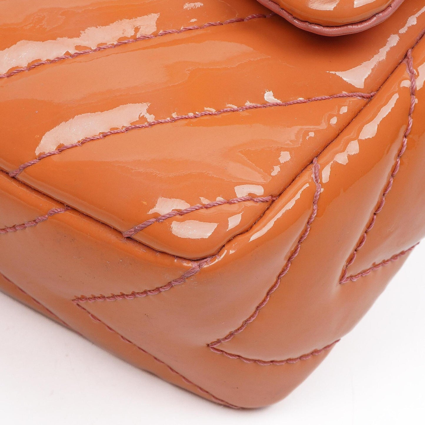 Chanel Medium Classic Single Flap Bag Orange Chevron Quilted Patent Leather Silver-Tone Hardware