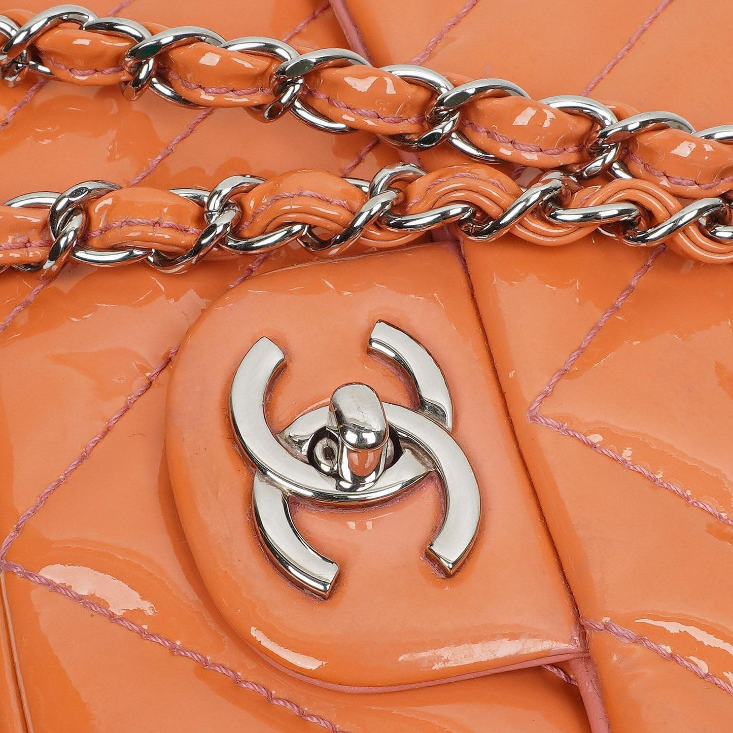 Chanel Medium Classic Single Flap Bag Orange Chevron Quilted Patent Leather Silver-Tone Hardware
